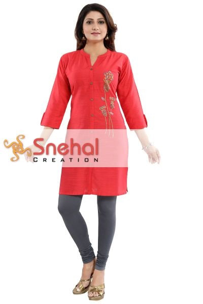 Ravishing Red Raw Silk Front Open Short Tunic With Multi-hued Embroidery