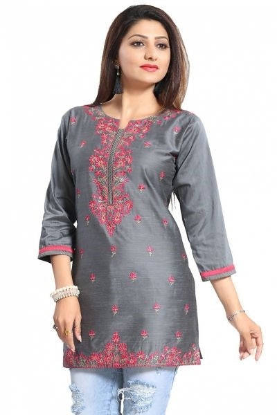 Elegant Gray Short And Straight Raw Silk Tunic With Pink Machine Work Embroidery