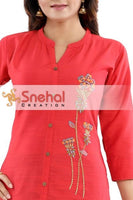 Ravishing Red Raw Silk Front Open Short Tunic With Multi-hued Embroidery