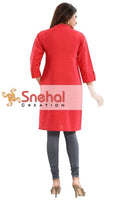 Ravishing Red Raw Silk Front Open Short Tunic With Multi-hued Embroidery