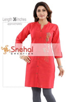 Ravishing Red Raw Silk Front Open Short Tunic With Multi-hued Embroidery