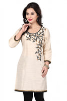 Light Beige Raw Silk Kurti with Heavy Hand Embroidered design around Neckline