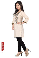 Light Beige Raw Silk Kurti with Heavy Hand Embroidered design around Neckline