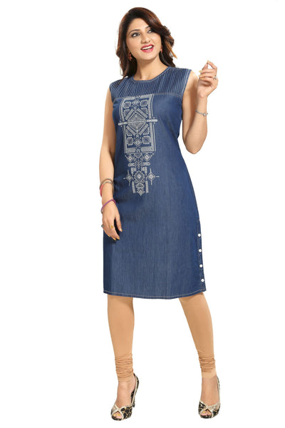 Decent Dark Blue Denim Fabric Sleeveless Tunic For Women