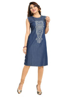 Decent Dark Blue Denim Fabric Sleeveless Tunic For Women