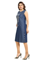 Decent Dark Blue Denim Fabric Sleeveless Tunic For Women