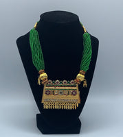 Choker style Gold plated pendant with green moti string without earrings
