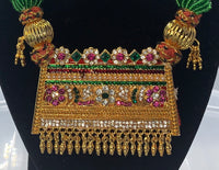 Choker style Gold plated pendant with green moti string without earrings