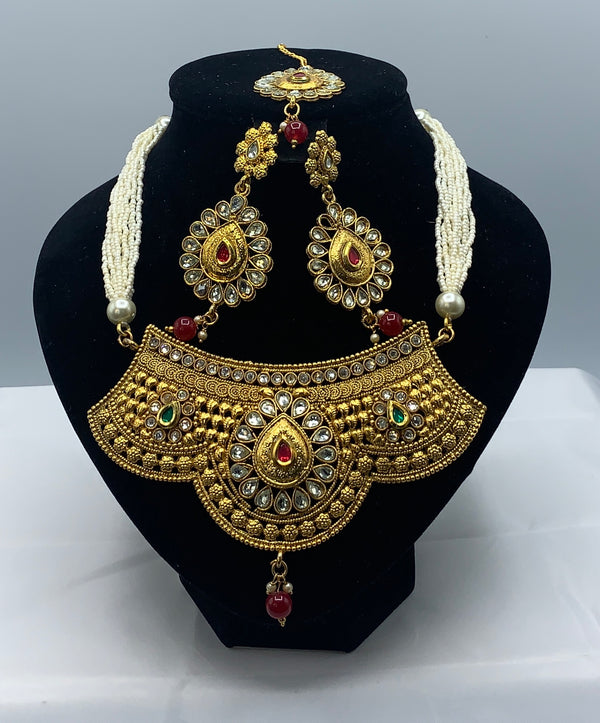 3pc Choker style gold plated pendant with moti work string set and earrings and maang-tika