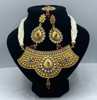 3pc Choker style gold plated pendant with moti work string set and earrings and maang-tika