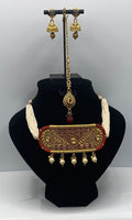 3 pc oxidized gold plated choker set adorned with moti work