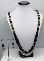 Long black crystal beaded necklace set with gold plated metal oxidized pcs and earrings