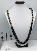 Long black crystal beaded necklace set with gold plated metal oxidized pcs and earrings