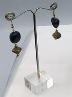 Long black crystal beaded necklace set with gold plated metal oxidized pcs and earrings