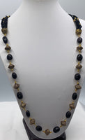Long black crystal beaded necklace set with gold plated metal oxidized pcs and earrings