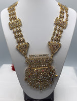 RANI HAR - Long gold plated ethnic necklace adorned with multi coloured diamonds