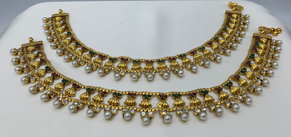 Gold plated adorned with coloured stones and moti Payal one size