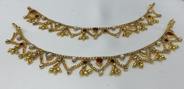 Gold plated adorned with coloured stones and moti Payal one size