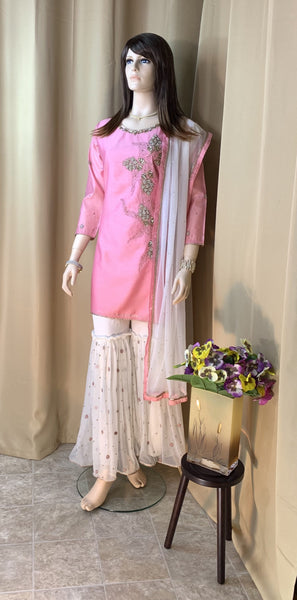 Pink and Off White Net Ghagra Set