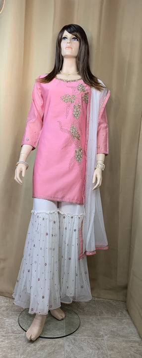 Pink and Off White Net Ghagra Set