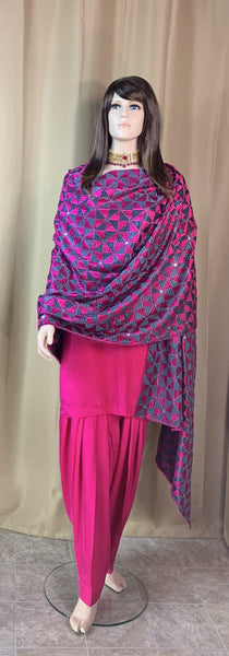 Hot Pink and Grey Combination Heavy Phulkari Dupatta