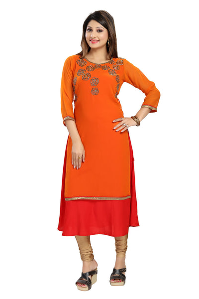 Fiery Red And Orange 2Pc Kurti with Exquisite embroidery work around neckline