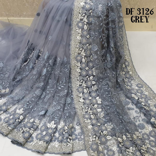Grey Net Embroidered Saree