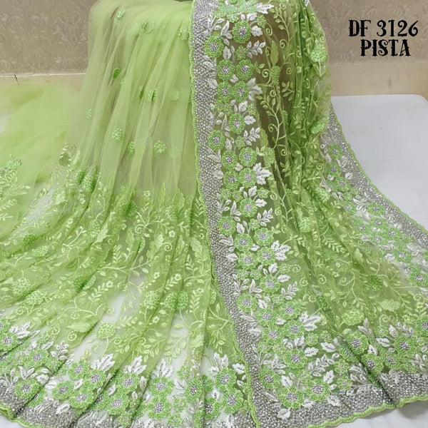 Green Net Embroidered Saree