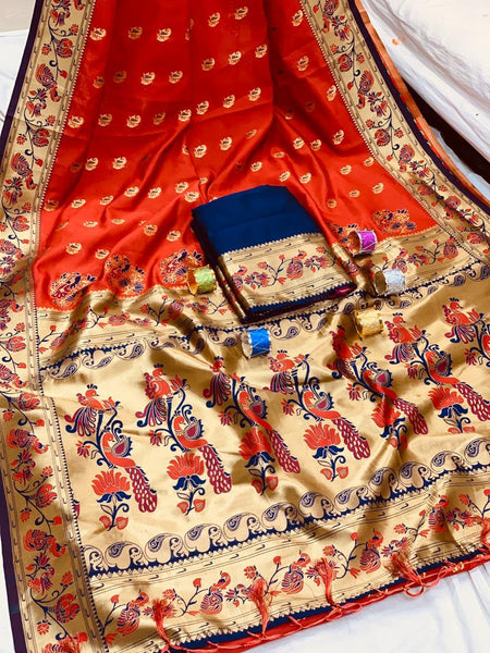 Brick Red Lichi Silk Saree