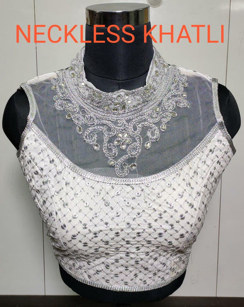 Silver Designer Blouse with Khatali Neck Work