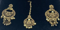 Gold plated choker style necklace set with matching earrings and head piece adorned with cream colour beads