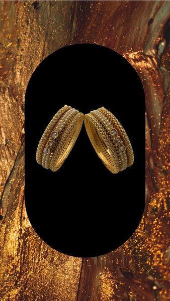 Gold plated screw lock bangle set adorned with moti and topaz colour stones
