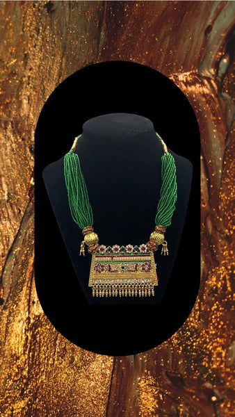 Choker style Gold plated pendant with green moti string without earrings