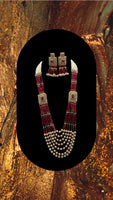 Red and white beaded long necklace set with earrings