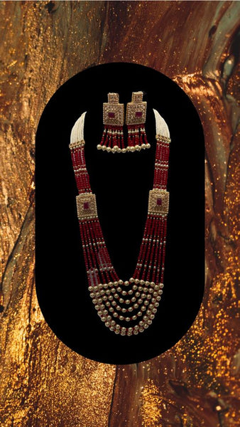 Red and white beaded long necklace set with earrings