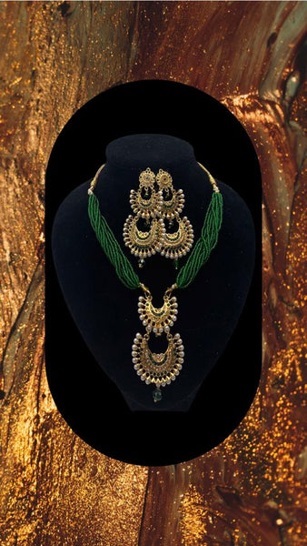 Short green moti with gold plated pendant set with earrings