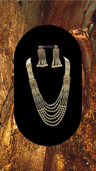 Cream beaded long necklace set with earrings
