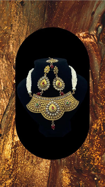 3pc Choker style gold plated pendant with moti work string set and earrings and maang-tika