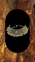 Gold plated choker style necklace set with matching earrings and head piece adorned with cream colour beads
