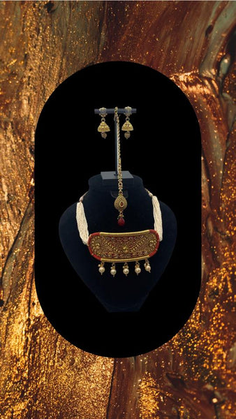 3 pc oxidized gold plated choker set adorned with moti work