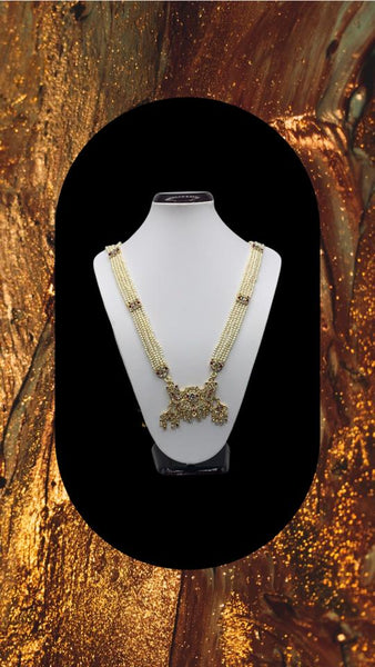 Long beaded necklace with gold plated pendant adorned with multi coloured diamonds