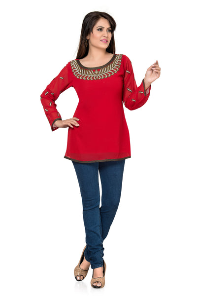 Remarkable Red Exclusively Party Wear Georgette Tunic Top