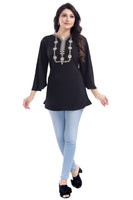 BEAUTIFUL BLACK CREPE FABRIC WOMEN TUNIC TOP WITH EMBROIDERY WORK