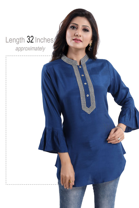 BLUE SHORT TUNICS WITH NECKLINE EMBROIDERY