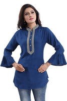 BLUE SHORT TUNICS WITH NECKLINE EMBROIDERY