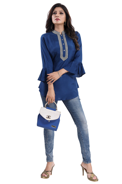 BLUE SHORT TUNICS WITH NECKLINE EMBROIDERY