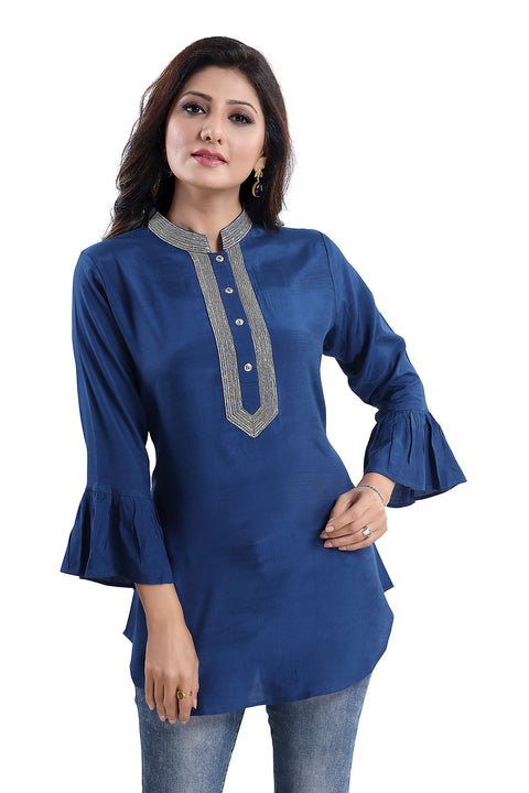 BLUE SHORT TUNICS WITH NECKLINE EMBROIDERY