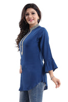 BLUE SHORT TUNICS WITH NECKLINE EMBROIDERY