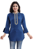 BLUE SHORT TUNICS WITH NECKLINE EMBROIDERY