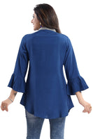 BLUE SHORT TUNICS WITH NECKLINE EMBROIDERY